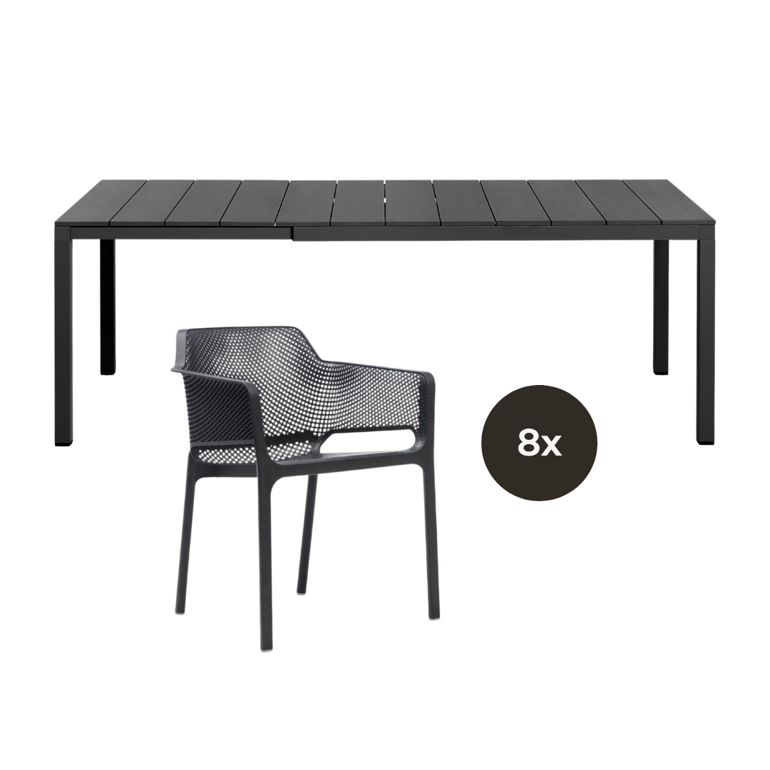 Nardi - Set Rio DurelTOP Ausziehtisch + 8x Net Armlehnstuhl Anthrazit